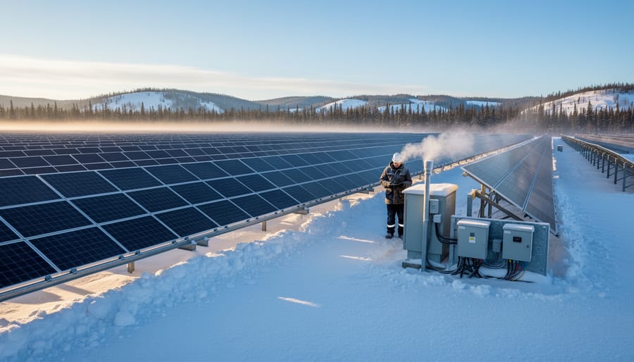 Aerial view of utility-scale solar farm with snow coverage in Canadian winter landscape