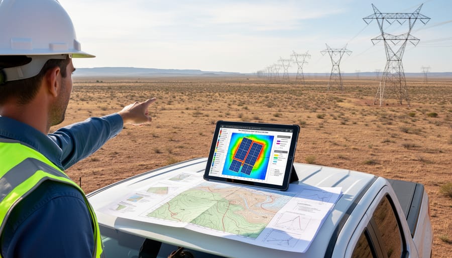 Solar farm worker inspecting panels with electrical transmission infrastructure in background