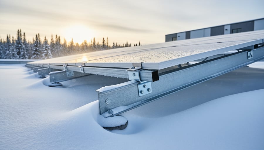 Frost-covered solar panel mounting structure showing durable engineering for winter conditions