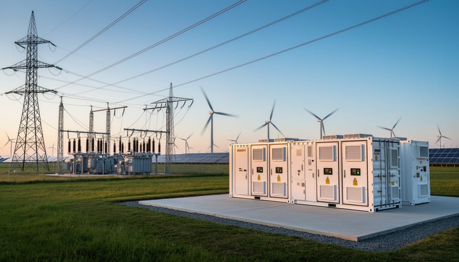 Battery energy storage system next to electrical substation equipment.