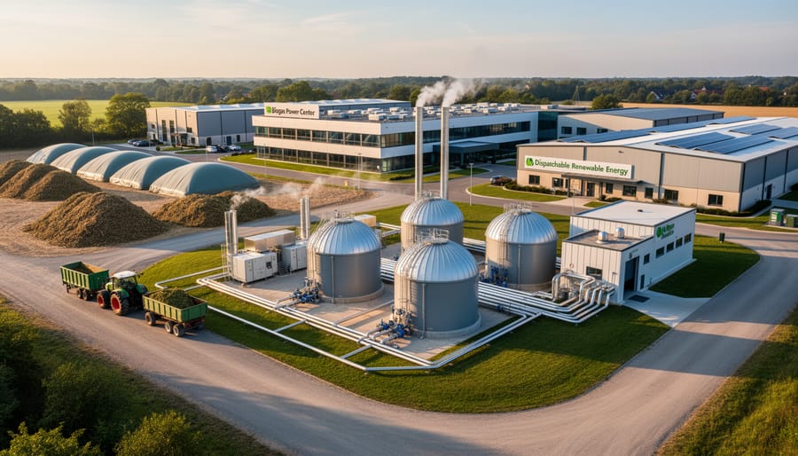 Biogas digester dome tank at a renewable energy facility with surrounding piping and farm landscape.