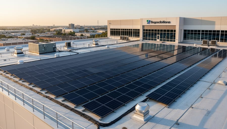 Rooftop solar panels mounted on a commercial building with overcast daylight.