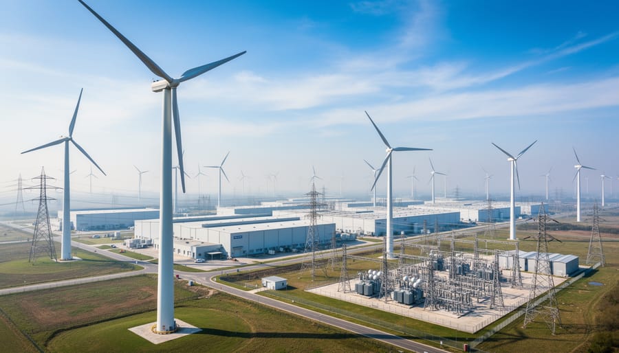 Wind turbines generating electricity near an industrial area during golden hour.