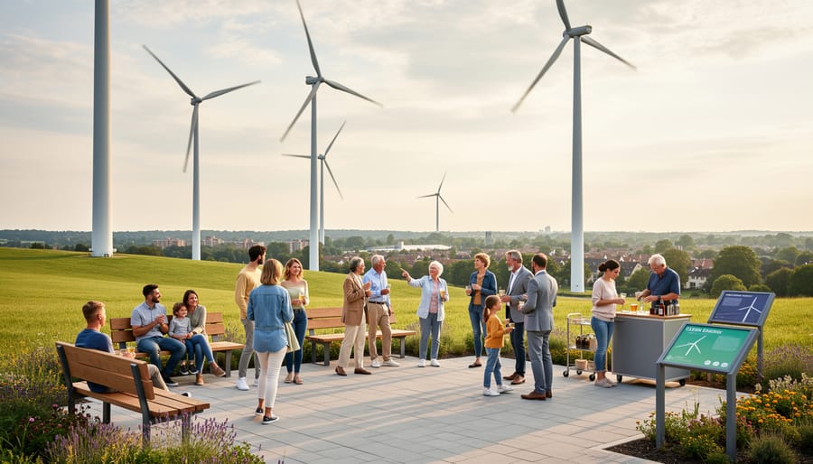 Community members chatting outdoors near a wind turbine under an overcast sky
