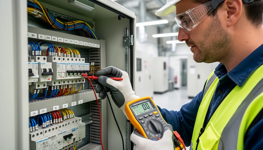 Electrician inspecting electrical connections near a transformer outdoors