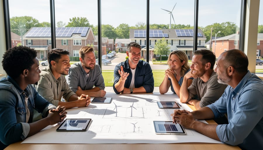 People collaborating in a meeting with blank project documents and a small solar model