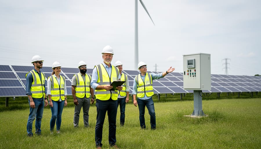 Diverse team in safety vests standing near solar panels and a wind turbine, representing trustworthy community partnership in renewable energy operations.