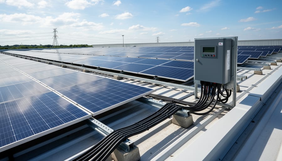 Solar panels installed on an industrial building roof in an outdoor utility environment