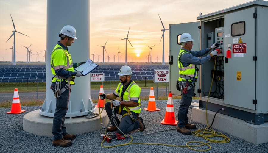 Technician wearing safety harness inspecting solar panels at a solar farm