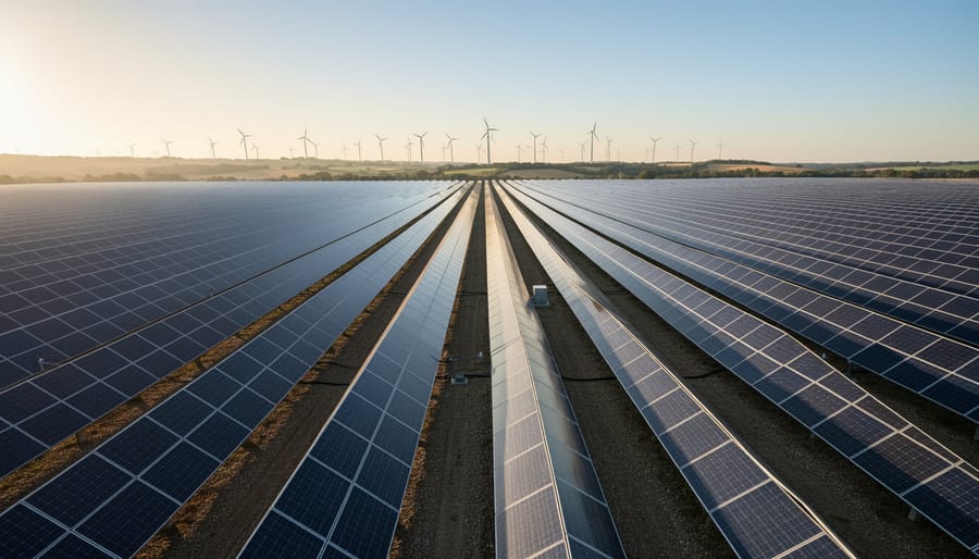 Utility-scale solar panels in neat rows with distant onshore wind turbines under golden hour lighting.