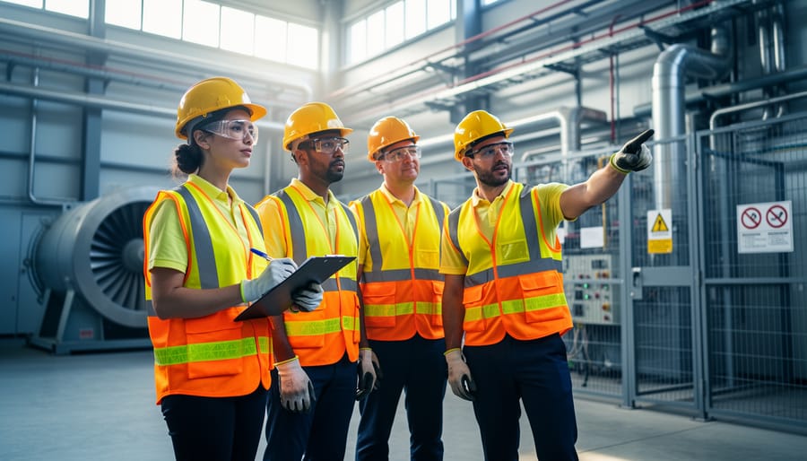 Diverse technicians in high-visibility safety gear collaborating inside an industrial facility, highlighting workplace safety and team accountability.