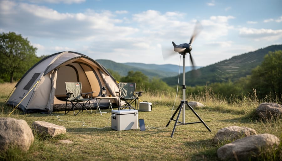 Portable wind turbine mounted near a camping tent with guy wires visible and a small power station on the ground nearby.