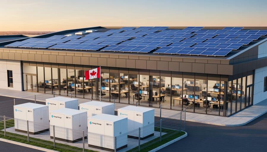 Rooftop solar panels and onsite battery storage at a modern Canadian industrial facility at dusk