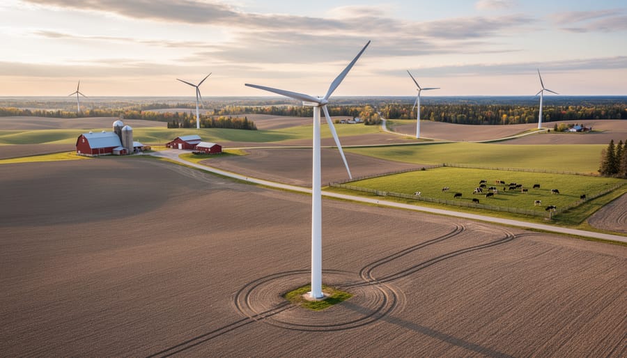 A wind turbine on the Canadian prairie at golden hour with prairie grass and distant facilities in the background