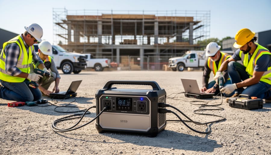 Outdoor professional checking a portable power station in a field vehicle.