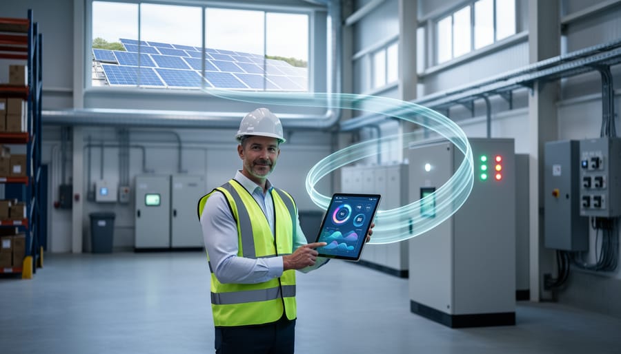 “Engineer inspecting an AI-enabled sustainable energy system in an industrial facility with rooftop solar panels and nearby battery storage equipment.”