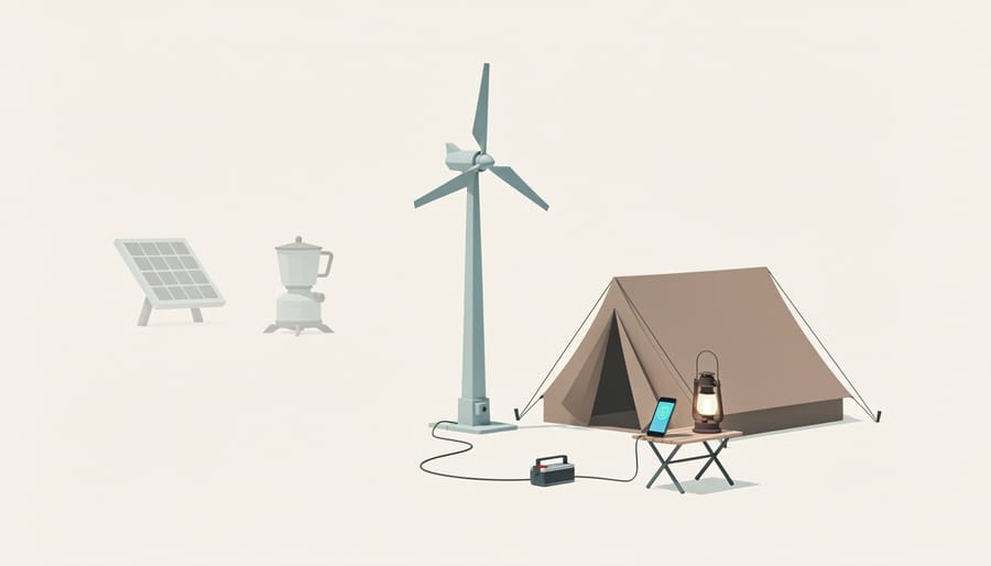 Micro wind turbine beside a tent at night powering small campsite essentials with warm lantern light.