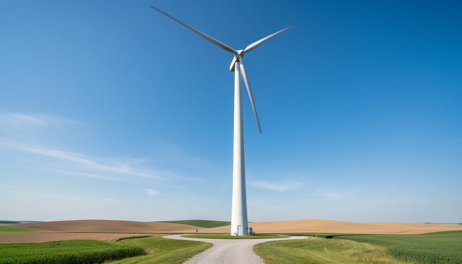 Onshore wind turbine at golden hour with grassy field and additional turbines in the distance