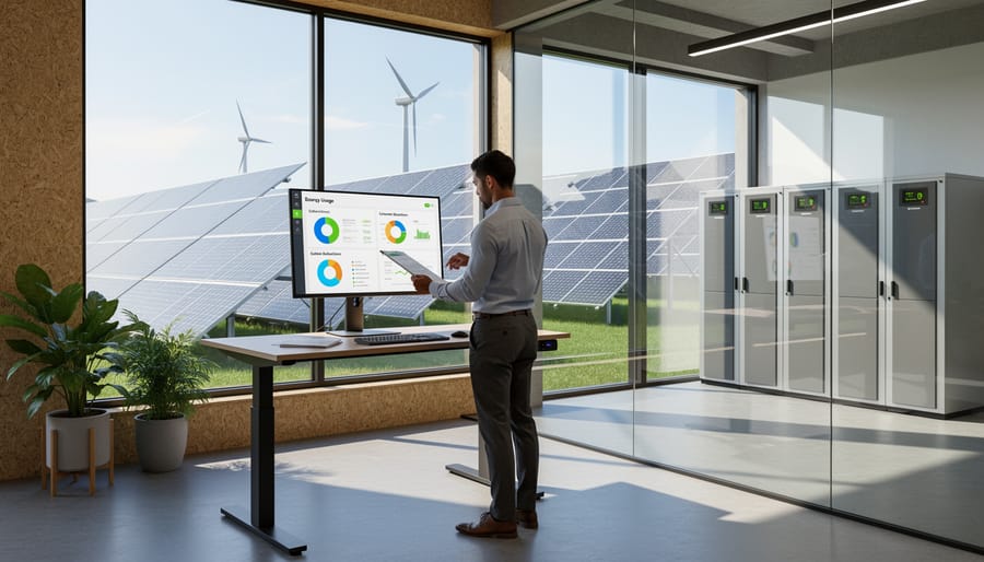Operations manager in a modern facility with rooftop solar panels visible through large windows