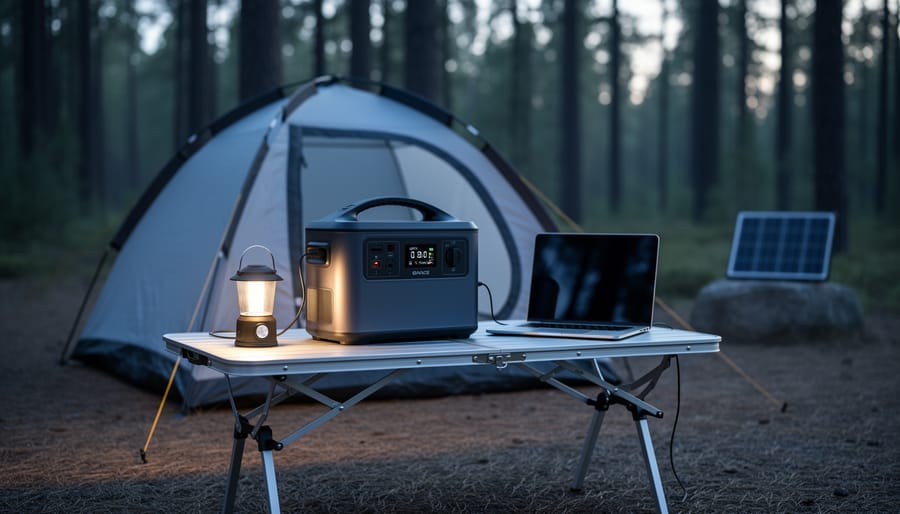 Portable power station at a camping site powering a lantern and a laptop beside a tent in a forest clearing.