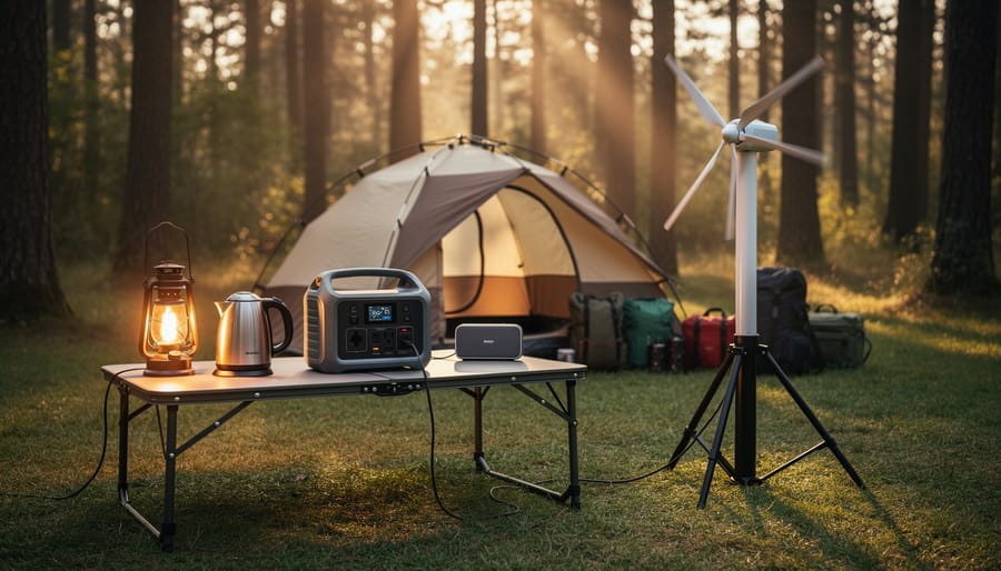 Portable power station at a campsite with a visible portable wind turbine and cables.