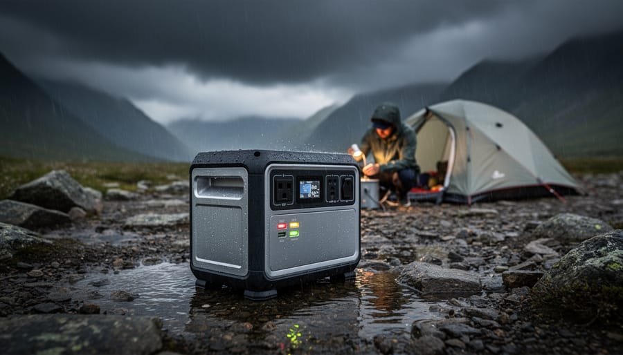 Portable power station with frost on a snowy camping setup in cold weather.