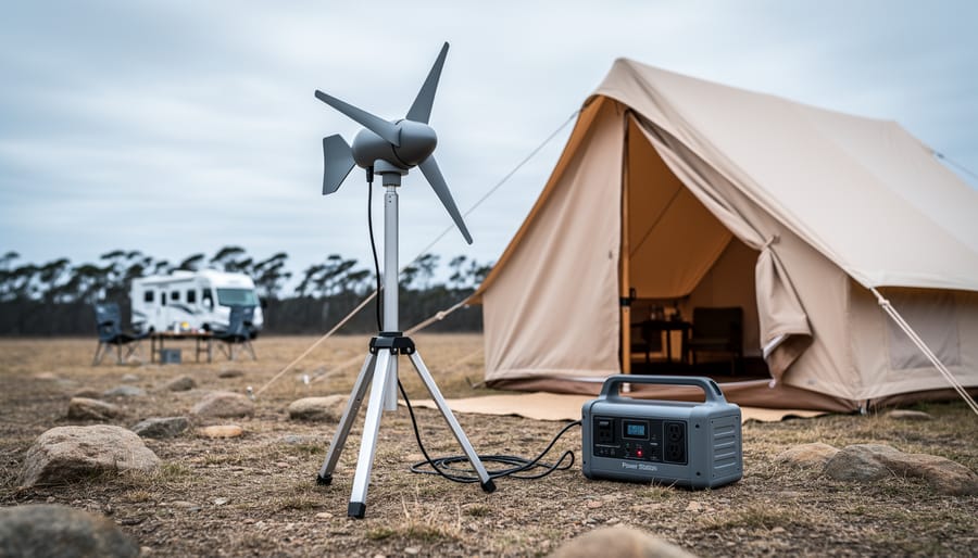 Portable wind turbine set up at a camping site next to a tent with off-grid battery equipment on the ground under a windy sky.