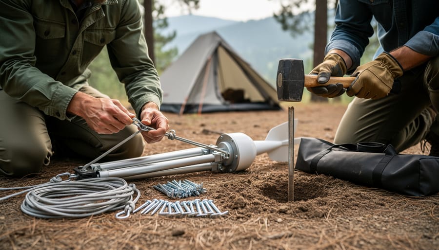 Person assembling a portable wind turbine at a car camping site with anchoring hardware secured.