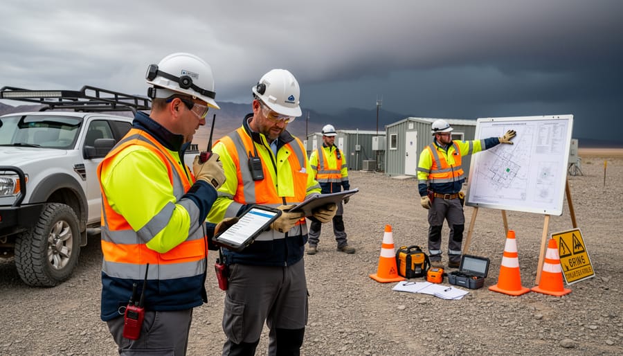 Safety officer coordinating remote-site emergency preparedness with responders and an emergency kit
