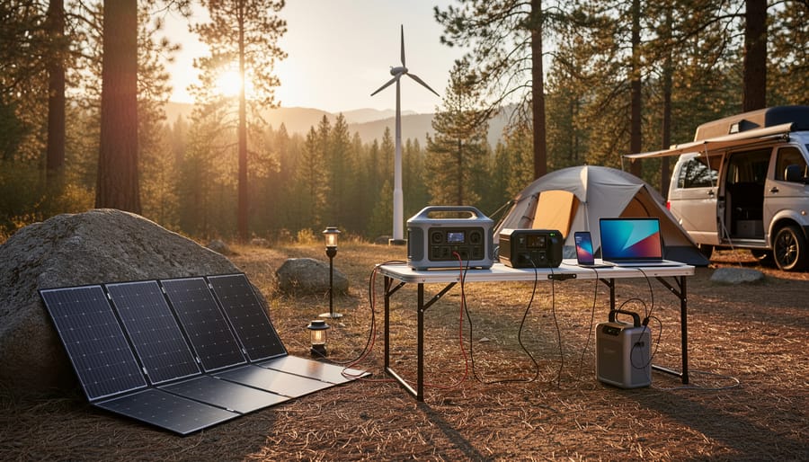 Portable solar panels and wind turbine charging setup outdoors with a connected power station.