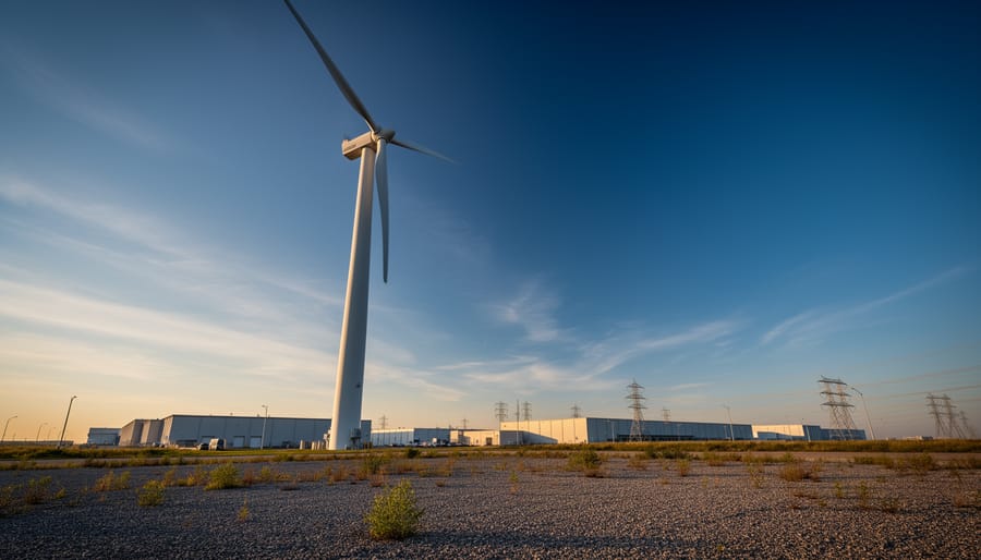 Single commercial wind turbine near an industrial facility at golden hour, with warehouses and power lines softly blurred in the background.