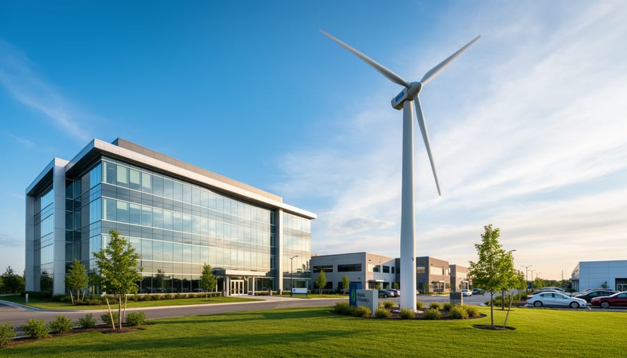 A single modern wind turbine on a grassy field near a commercial building under an overcast sky