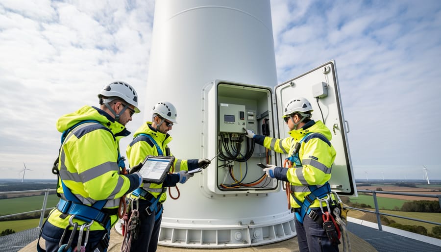 Technicians in high-visibility clothing inspect the base of a wind turbine