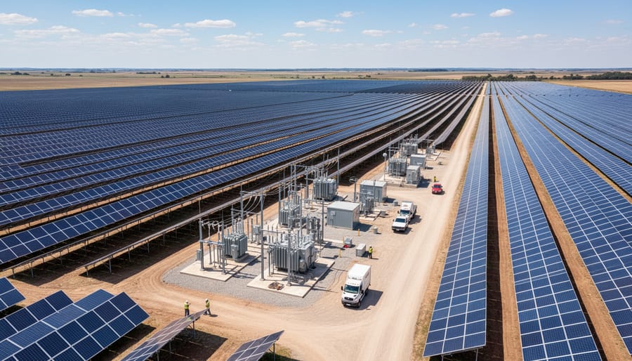 Wide view of utility-scale solar panels in orderly rows at a solar farm