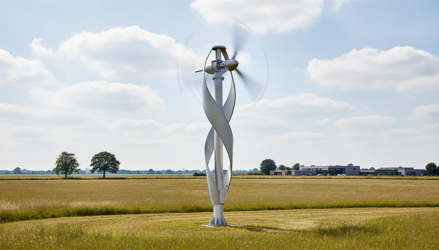 Vertical-axis wind turbine on a grassy ridge with blades silhouetted against the sky.