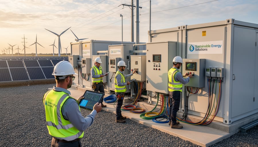 Technician in high-visibility clothing near an energy enclosure at a wastewater treatment facility