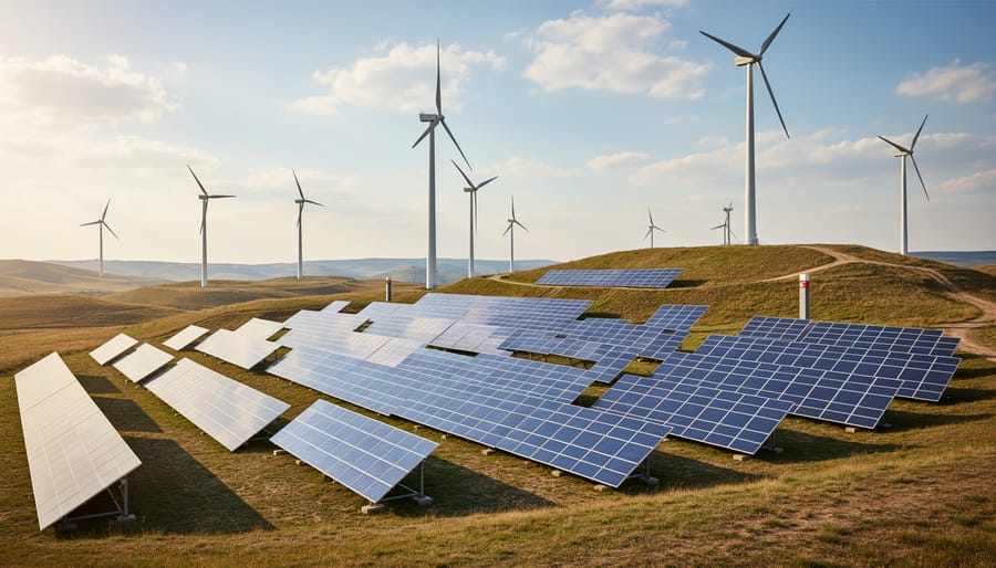 Wind turbines and solar panels on a Canadian landscape under an overcast sky