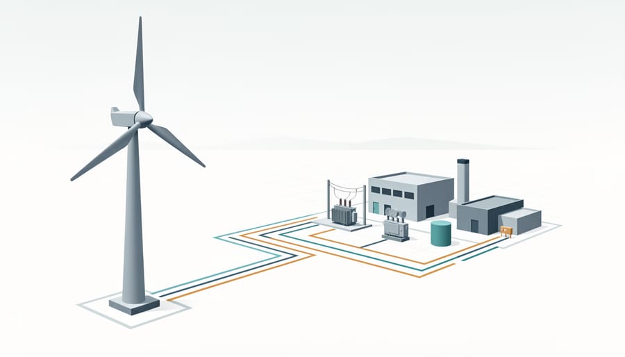 Electrical equipment near the base of a wind turbine, with the turbine silhouette in the distance