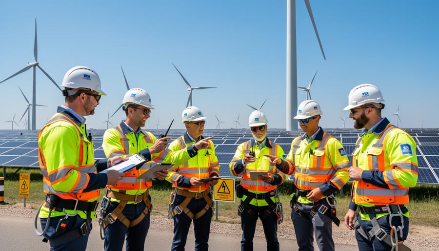Workers wearing high-visibility PPE and hard hats working safely on a wind turbine platform