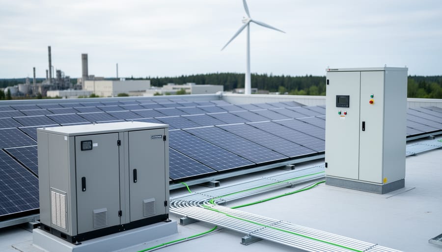 Modular renewable energy components—solar panels and battery storage—installed at a Canadian industrial facility rooftop under a bright overcast sky.