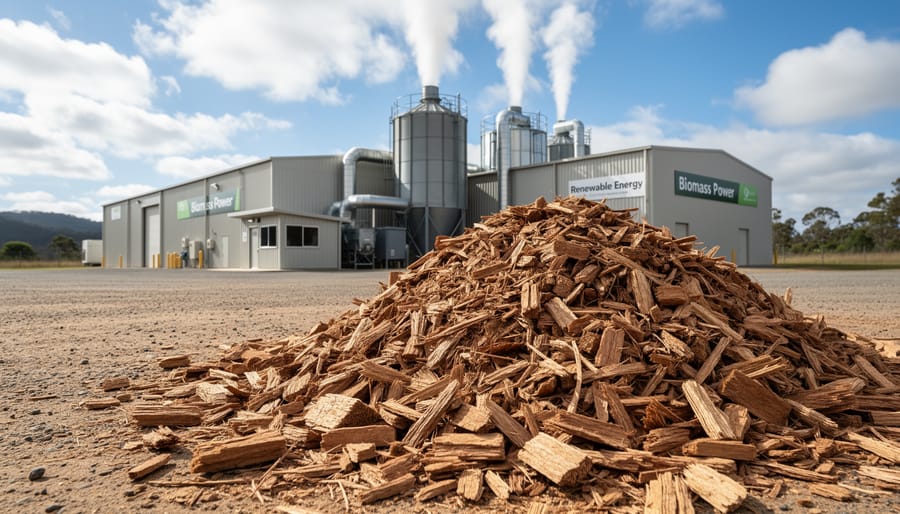 Wood chips stacked near a renewable biomass facility