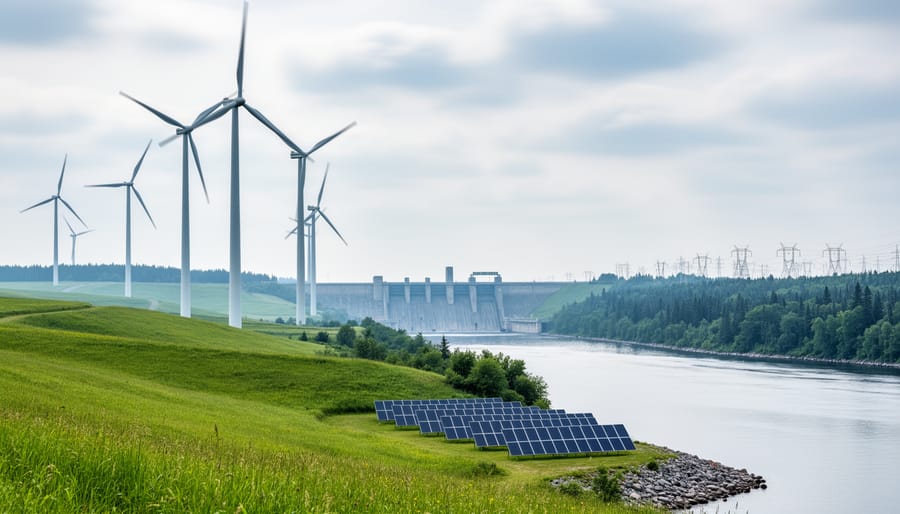 Wind turbines, a distant hydro dam silhouette, and solar panels along a Canadian shoreline under an overcast sky.