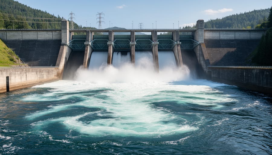 Flowing water near a hydroelectric dam with mist and dam structure