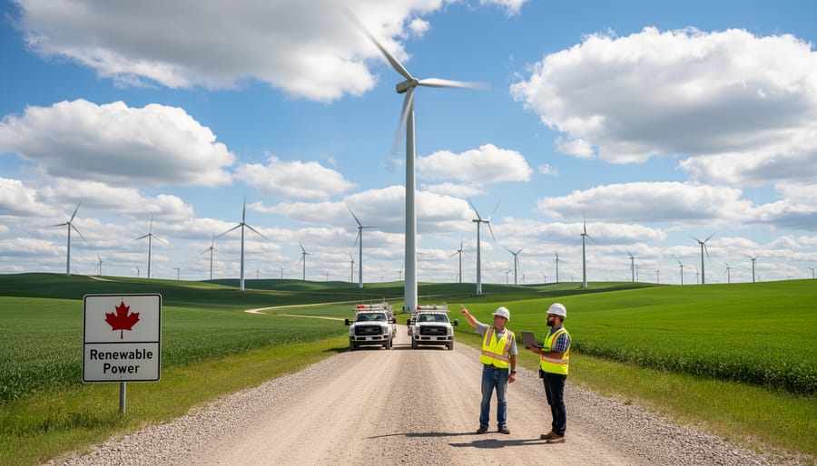 Wind turbines at sunrise in a rural Canadian landscape