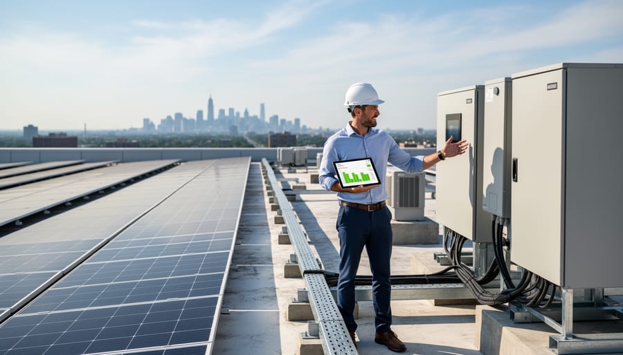 Sustainability consultant in a hard hat reviewing rooftop solar inverter equipment with a tablet