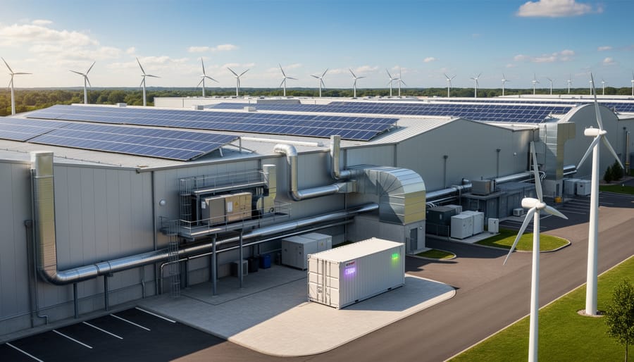 Industrial facility with rooftop solar panels and a wind turbine in the background under an overcast sky