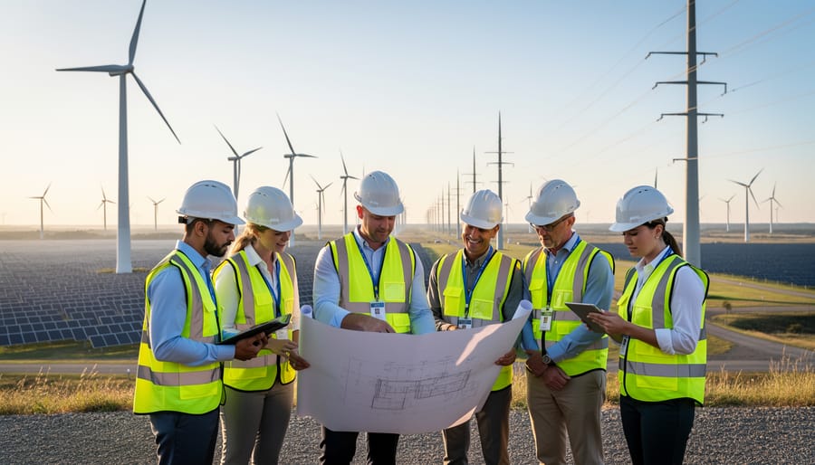 Professionals in hard hats collaborating outdoors near renewable energy infrastructure