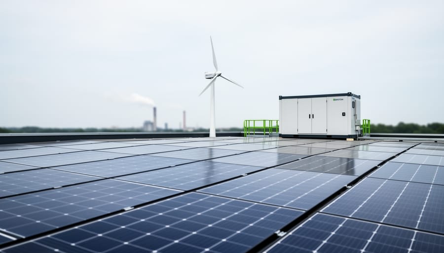 Rooftop solar panels and a nearby wind turbine with battery energy storage beside an industrial facility under an overcast sky.