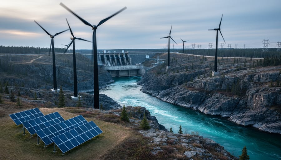 Wind turbines, a solar installation, and a distant hydroelectric dam along a Canadian river at dusk.