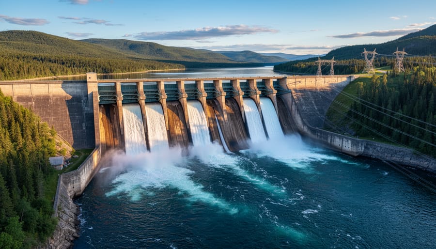 Wide view of a hydroelectric dam spillway with water flowing over the gates